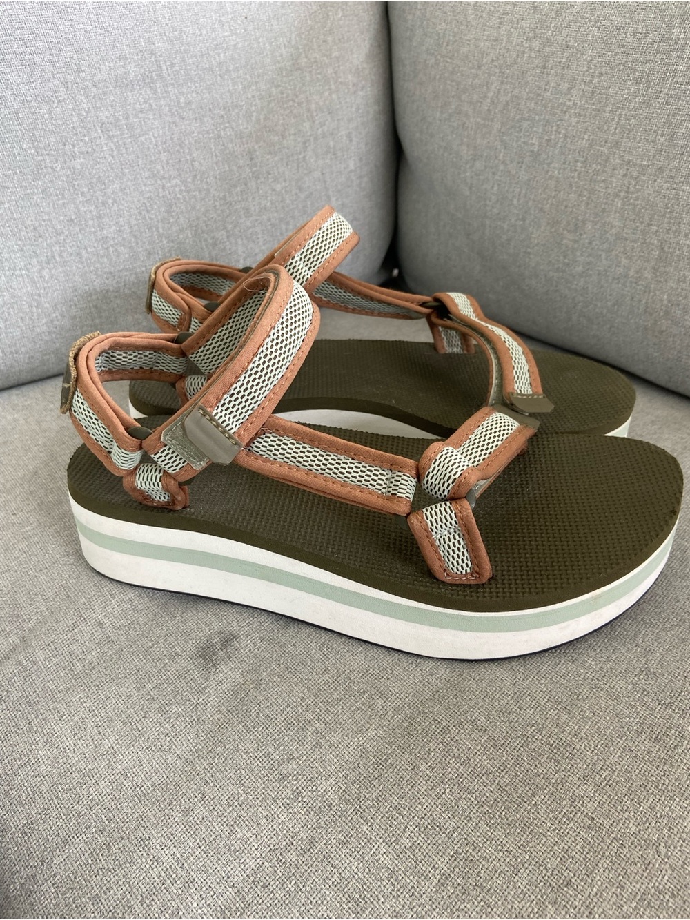 Teva Olive Green Platform Sandals with Brown and Cream Straps